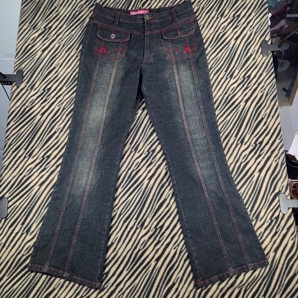 Vintage Y2K Apollo Jeans Dark Wash Red Contrast Stitch Flare Denim Size 15/16